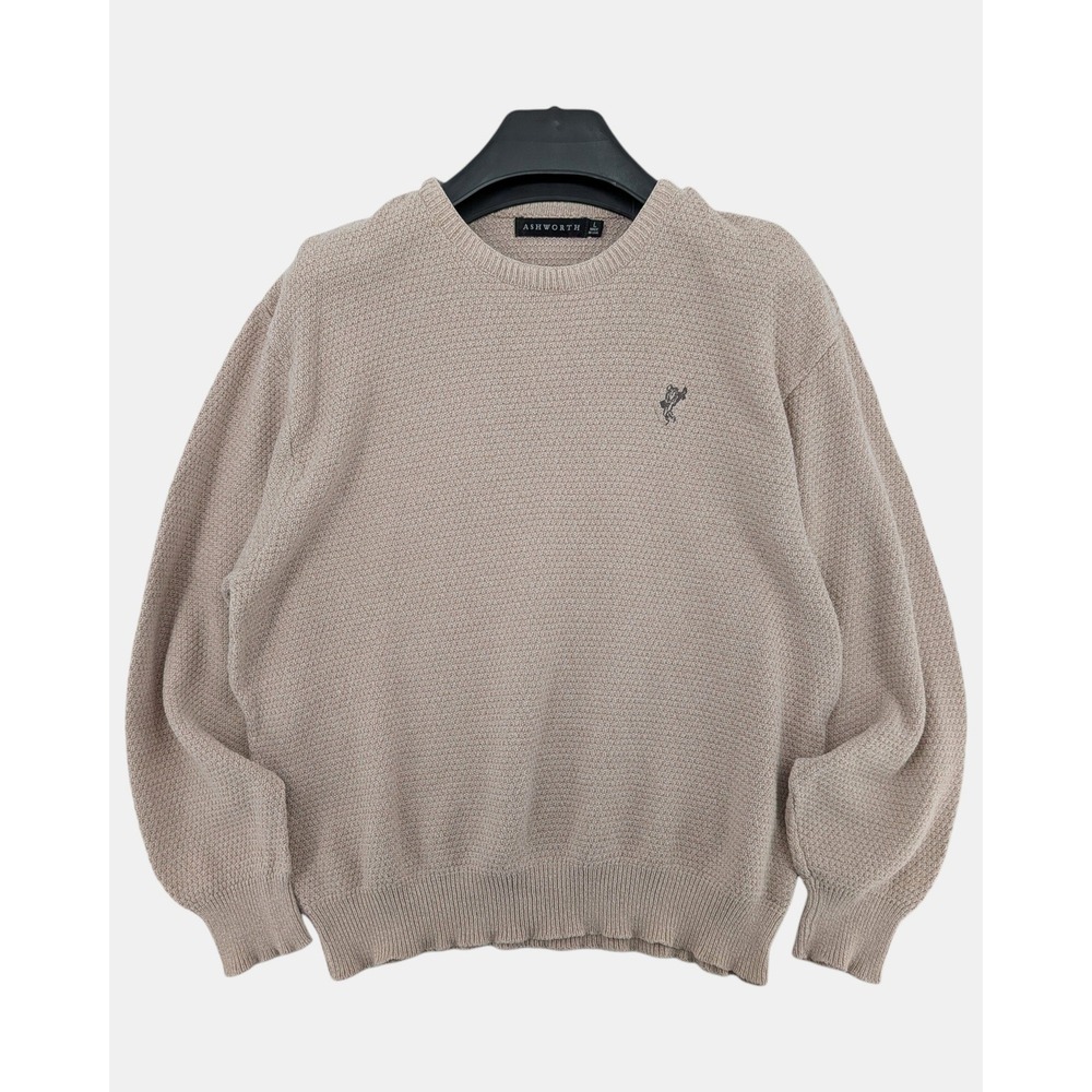 Vintage Ashworth Cotton Knit Sweater Men Large Beige Crewneck Made‎ in USA
